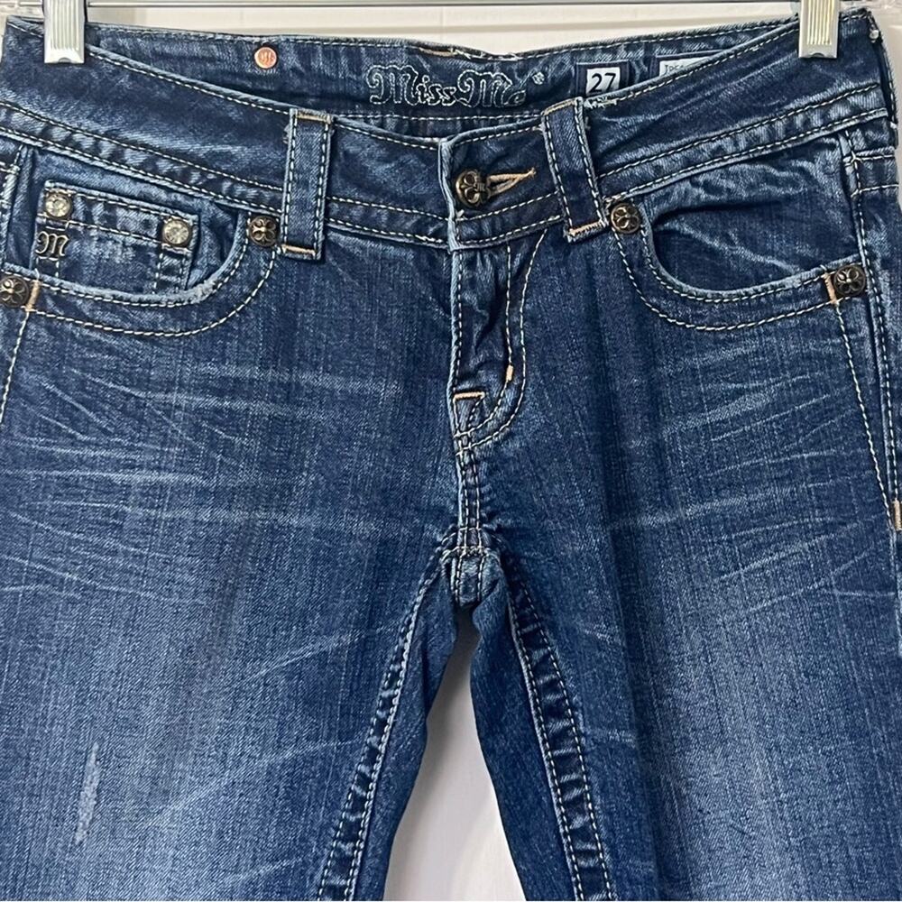 Miss Me Skinny Raw Hem Embroidered Bling Pocket Denim Y2k Moto Jeans Size 27 - Picture 4 of 15